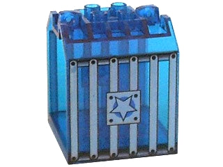 A transparent blue LEGO 30639pb01 open-ended container, a 4x4x4 box with jail bars and a white star pattern.