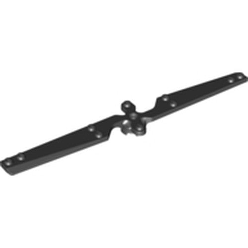 Black LEGO 2-blade propeller, part 30644, measuring 4x22 studs, shown at an angle on white background.