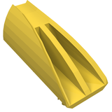 Yellow LEGO 30647 Vehicle Fairing 1 x 4 Side Flaring Intake with 2 Pins, angled view.