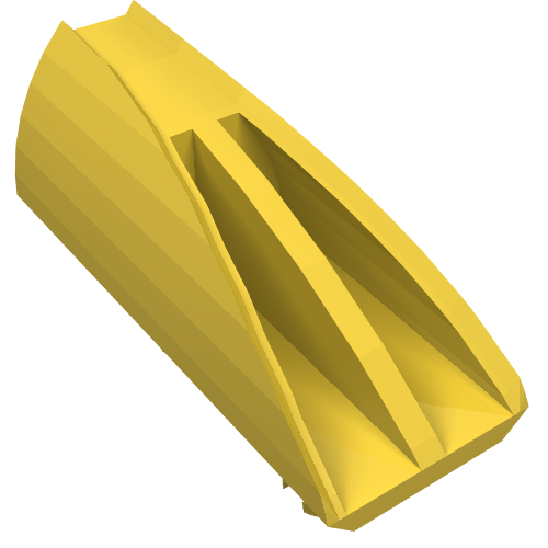 Yellow LEGO 30647 Vehicle Fairing 1 x 4 Side Flaring Intake with 2 Pins, angled view.