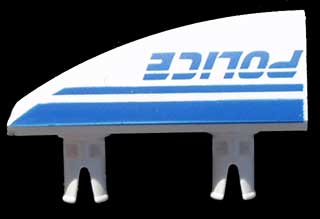White LEGO 30647pb06 vehicle fairing, 1x4 side flaring intake, with two pins, blue 'POLICE' text and stripes pattern right.
