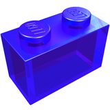 Transparent blue LEGO 1x2 brick, part 3065, with two studs on top, angled on white background.