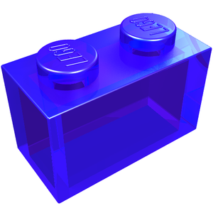 Transparent blue LEGO 1x2 brick, part 3065, with two studs on top, angled on white background.