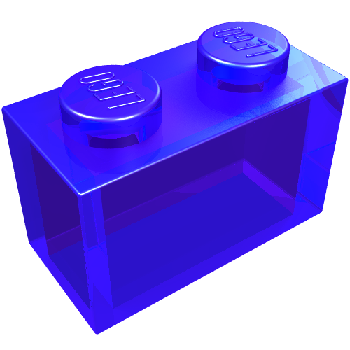 Transparent blue LEGO 1x2 brick, part 3065, with two studs on top, angled on white background.