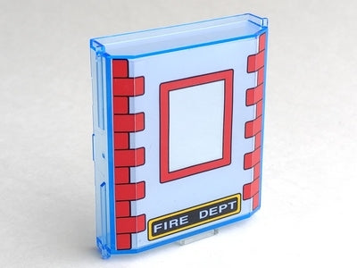 LEGO 30650pb02 panel with red bricks, window frame, and 'FIRE DEPT' text on a light blue background.