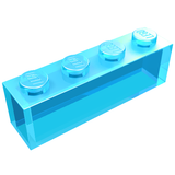 Transparent light blue LEGO 1x4 brick (part 3066) without bottom tubes, featuring the LEGO logo on its studs.
