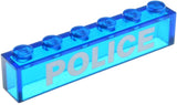 Transparent blue LEGO 1x6 brick with white 'POLICE' sans-serif bold pattern.