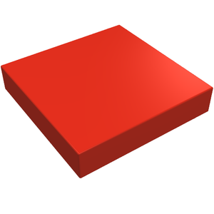 Red LEGO 2x2 tile, smooth top surface without a groove, shown from an angle on a white background.