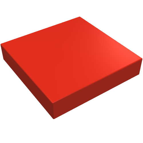 Red LEGO 2x2 tile, smooth top surface without a groove, shown from an angle on a white background.