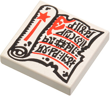 White LEGO 2x2 tile featuring a magic scroll print with black runes and a red wand with a star.