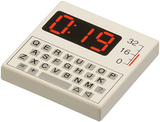 White LEGO 2x2 tile (3068p80) featuring a printed QWERTY keyboard, red digital display showing '0:19', and a red bar graph.