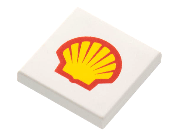 White LEGO 2x2 tile featuring the red and yellow Shell logo.