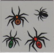 Light gray 2x2 LEGO tile with four spiders pattern: one black with orange body, one solid black, one black with green body, and one black with red body.
