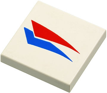 White LEGO Tile 2 x 2 featuring a red and blue windsurfer triangles pattern.