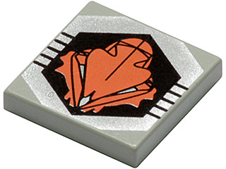 Light gray LEGO 2x2 tile with a black hexagonal pattern featuring an orange stylized UFO or alien logo.