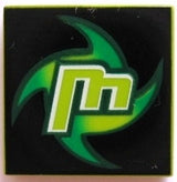 LEGO 2x2 tile with a stylized lime green letter M and a green swirl pattern on a black background.