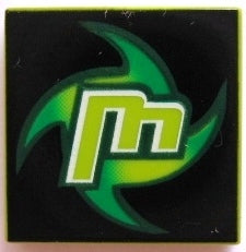 LEGO 2x2 tile with a stylized lime green letter M and a green swirl pattern on a black background.