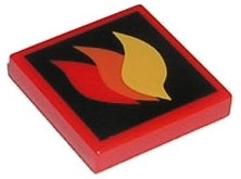A red LEGO 2x2 tile with a black background featuring the classic fire logo: three flames in red, orange, and yellow.
