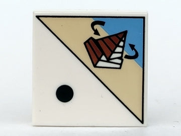 White LEGO 2x2 tile 3068pb0191 featuring a black dot, and a blue/tan pyramid pattern with rotation arrows.