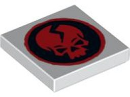 Light grey LEGO 2x2 tile featuring a red cracked skull inside a black circle pattern.