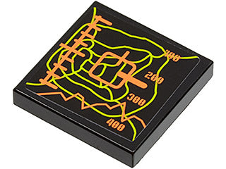 LEGO 3068pb0423 black 2x2 tile with orange and lime elevation display pattern, contour lines and numbers.