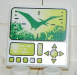 LEGO 2x2 white tile, 3068pb0428, with a dino hunting screen print showing a pteranodon, trees, target, buttons, and toggle.