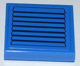 Blue LEGO 2x2 tile with a black vent pattern. The tile shows horizontal black lines resembling a louvered vent.