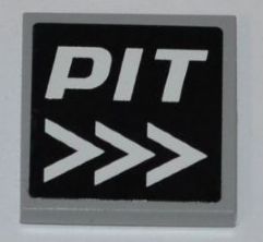 A light gray LEGO 2x2 tile featuring a black pattern with white 'PIT' text and three right-pointing arrows.