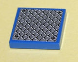 A blue LEGO 2x2 tile with a grey diamond tread plate pattern and four black rivets.