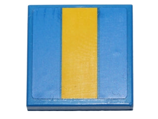 Blue LEGO 2x2 tile with a yellow vertical stripe pattern in the middle.
