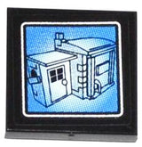 Black LEGO 2x2 tile with a blue surveillance screen sticker showing a white outline drawing of a garage and an attached shed.