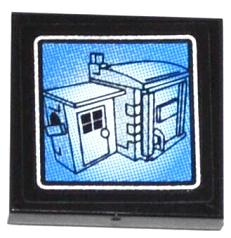 Black LEGO 2x2 tile with a blue surveillance screen sticker showing a white outline drawing of a garage and an attached shed.
