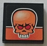LEGO 2x2 tile with an orange skull sticker. The skull has red eyes, white teeth, and is set against a black and orange textured background.