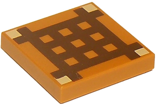 LEGO 3068pb0893 Tile 2x2, orange-brown with dark brown Minecraft crafting table grid and tan corner squares.