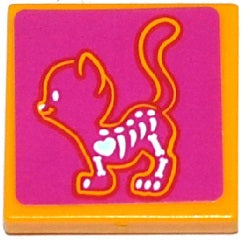 LEGO 2x2 tile with an orange X-ray cat skeleton design on a magenta background.