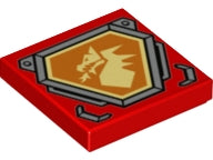 Red LEGO 2x2 tile with a bright light yellow dragon head on an orange hexagonal shield with silver border pattern.