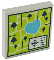 LEGO 2x2 tile printed with a map of Heartlake Park. It shows a large blue heart, dark trees, white paths on lime green, and a compass legend.