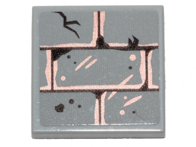 Light gray LEGO 3068pb1334 2x2 tile featuring a copper concrete brick pattern with black cracks and distressed details.