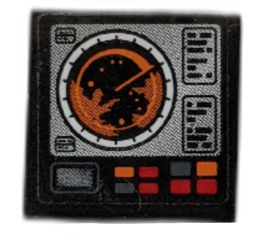 Black LEGO 2x2 tile with light gray pattern featuring an orange radar screen, text, and colored control buttons.