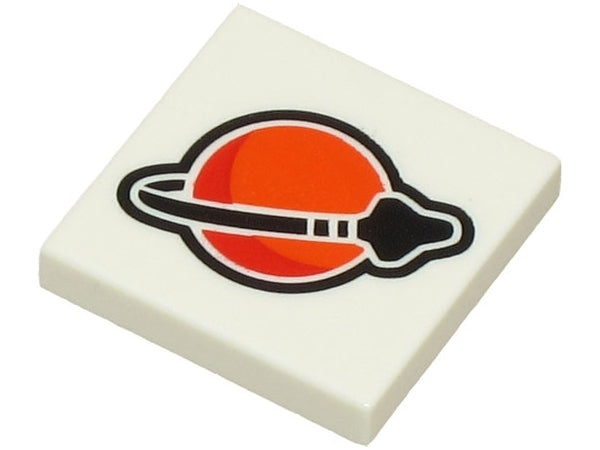 White LEGO 2x2 tile with a reddish-orange, red, and black Classic Space logo featuring a planet and spaceship.