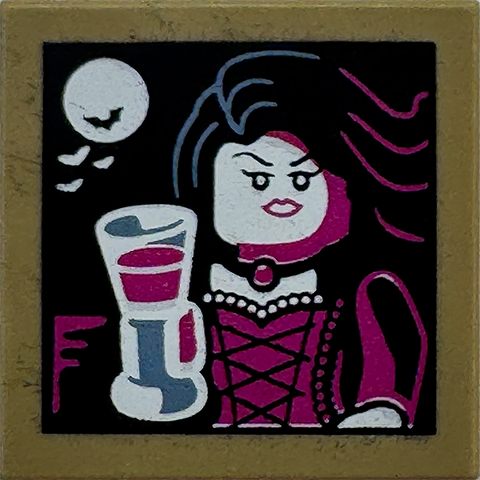 LEGO 2x2 tile featuring a vampire minifigure in a magenta dress holding a goblet, with a white moon and bats on a black background.