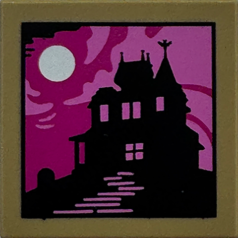 LEGO 2x2 tile: Black haunted mansion silhouette, white moon on magenta & dark pink sky background.
