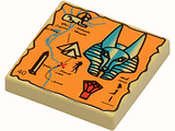 Tan LEGO 2x2 tile with an orange printed map showing pyramids, Anubis, an obelisk, a treasure, and hieroglyphs.