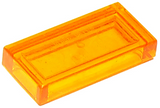 Translucent orange LEGO Tile 1x2 (part 3069) with a recessed top surface, angled view.