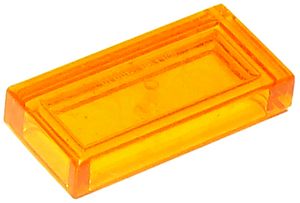 Translucent orange LEGO Tile 1x2 (part 3069) with a recessed top surface, angled view.