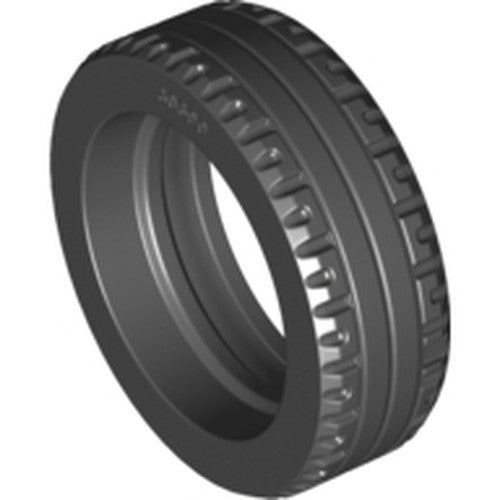 Dark gray LEGO Tire 43.2 x 14 Solid (part 30699) showing detailed tread patterns on a white background.