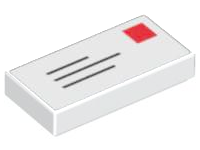 LEGO 1x2 white tile with blue lines and a red square pattern, depicting a mail envelope with stamp.