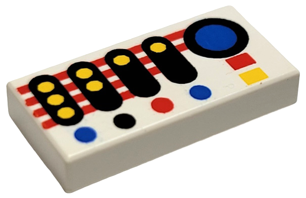 LEGO 3069p30 Tile 1x2 with control panel print featuring black, blue, red, yellow buttons, and red/white stripes.