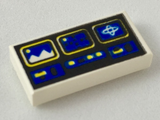 LEGO 3069p61 1x2 tile with blue and yellow controls, including three display screens, on a black background.