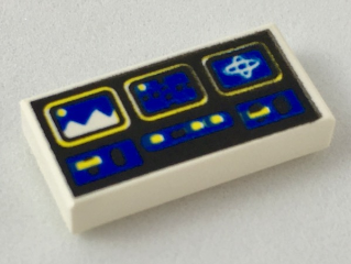 LEGO 3069p61 1x2 tile with blue and yellow controls, including three display screens, on a black background.